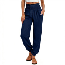 Women Workout Tapper Baggy Casual Elastic High-navy blue M