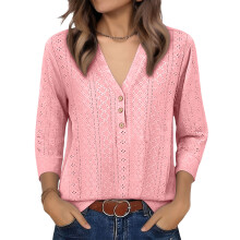 Damen-T-Shirts, halbe Ärmel, V-Ausschnitt, Baumwolle und-Rosa S