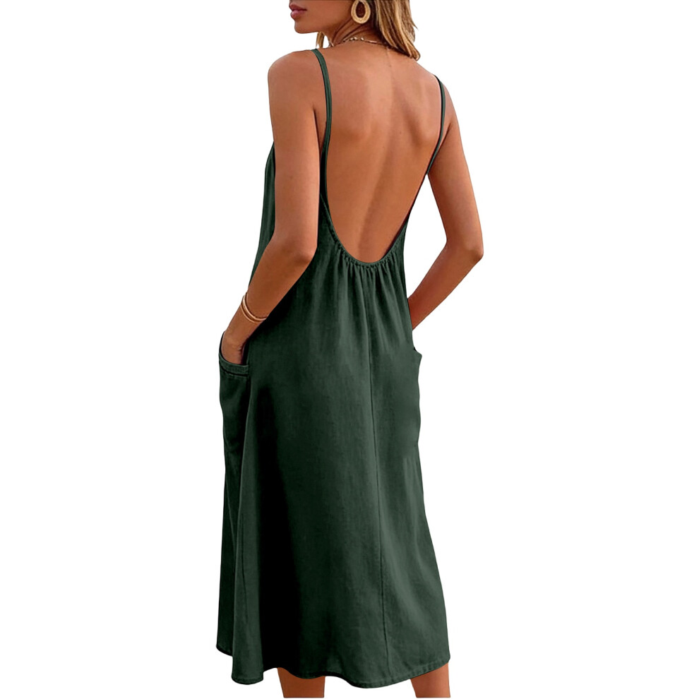 Women's linen dress, backless,  long, casual,-Army Green L