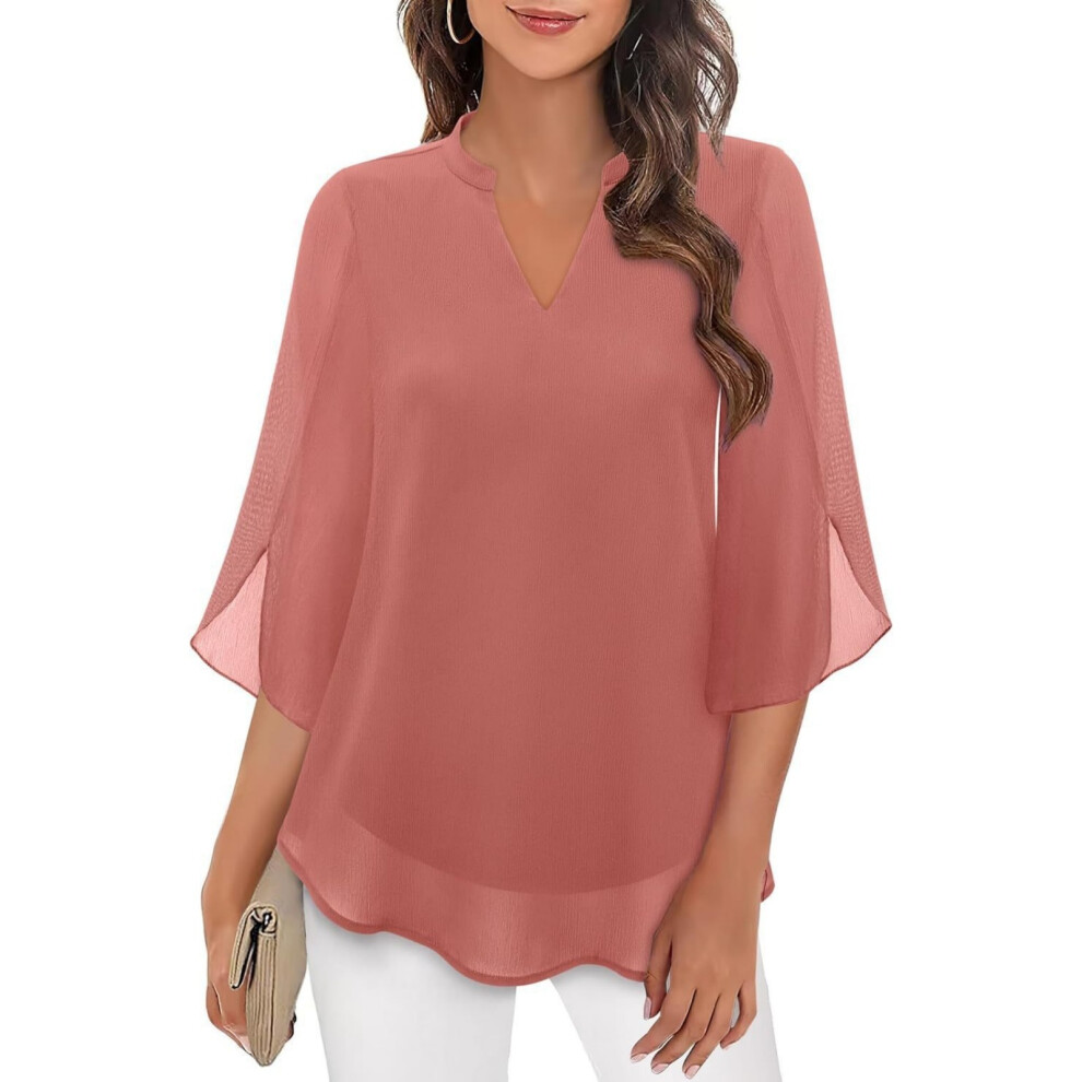 Pink Womens Tops Dressy Casual Ruffle 3/4 Sleeve V Neck- S