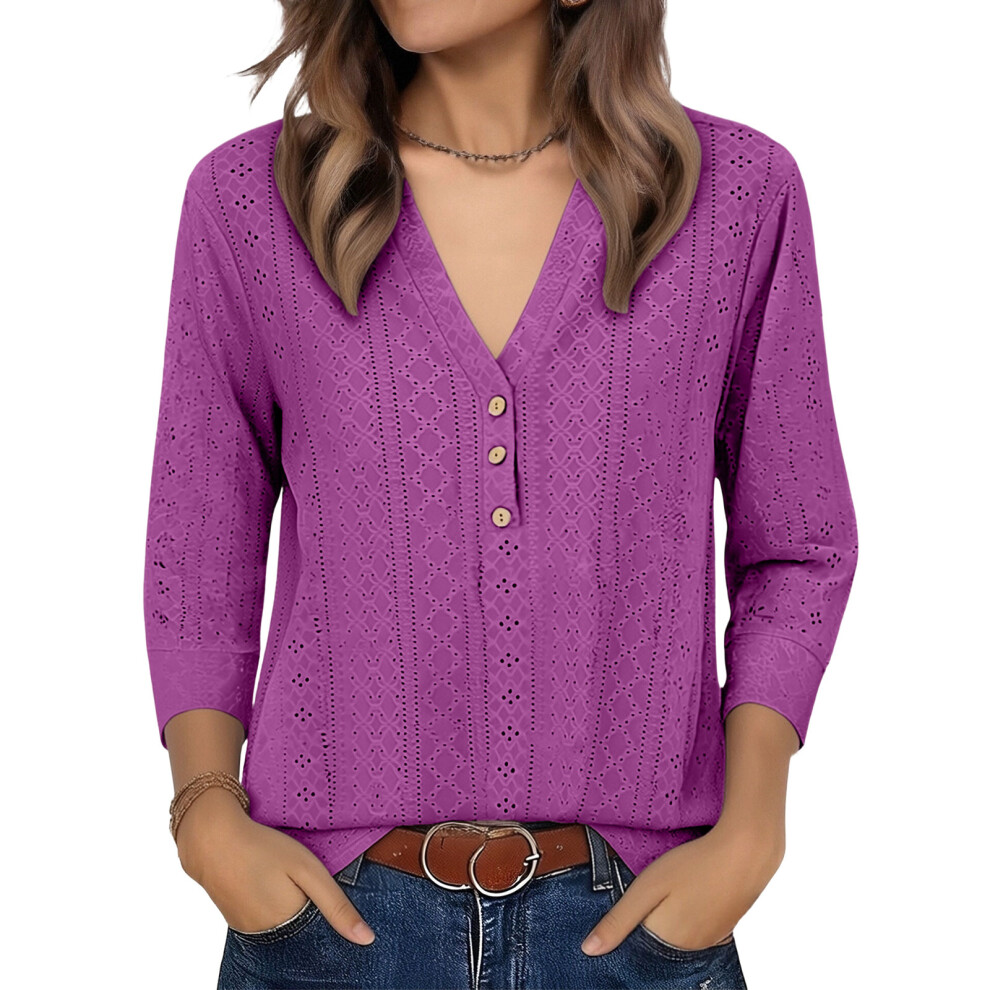 Fuchsia Women's T-Shirts, Half Sleeve, V-Neck, Cotton And- S