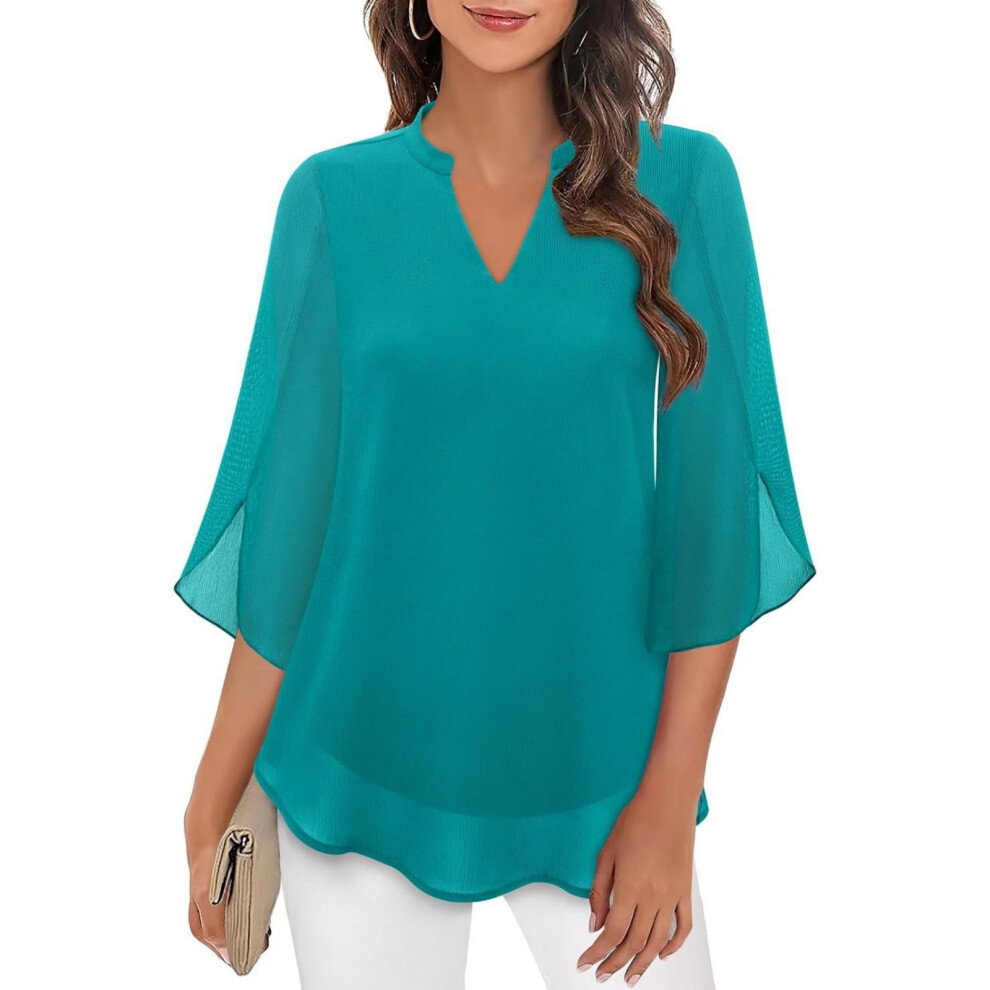 Green Womens Tops Dressy Casual Ruffle 3/4 Sleeve V Neck- Xxl