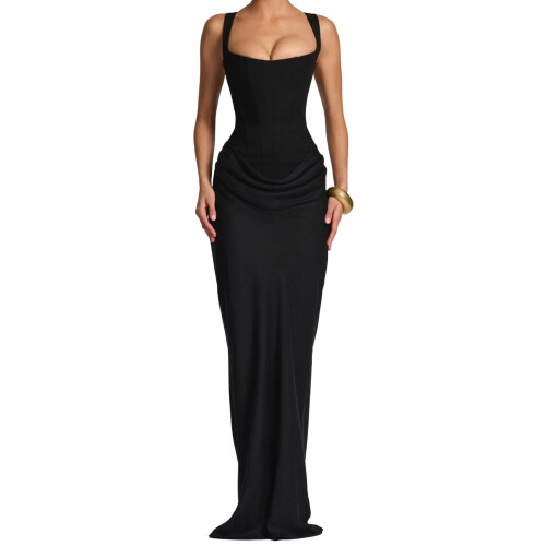 Modernes, lässiges langes Kleid mit-Schwarz M
