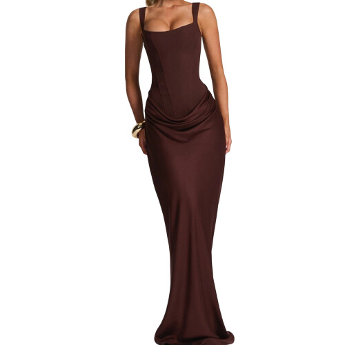 Schmeichelhaftes langes Trägerkleid mit-braun L