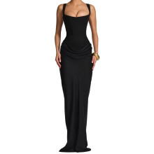 Schmeichelhaftes langes Trägerkleid mit-Schwarz S