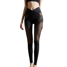 Women Athletic Leggings Stretchable Mesh Splicing-Black L