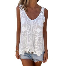 Women's Cotton Tank Top Casual Crochet Embroidery-White os