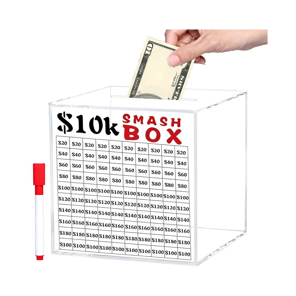 Tauoh 10K Smash Box For Money,Unbreakable Piggy Bank For Adults Save 10000 Money Saving Challenge Box,Clear Acrylic Saver Box