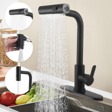 360° Swivel Kitchen Tap with 3 Spray Modes, Black Stainless Steel Pull Out Mixer with Hot Cold Control