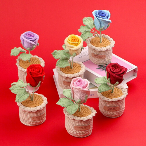 Artistic Crocheted Rose Displayed In Elegant Knitted Vase-Red 2