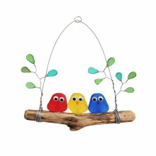 Wall Art Colorful Birds Ornament Perch Sea Glass Home-1