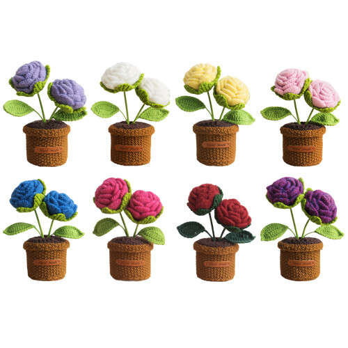 Artificial Crocheted Rose Potted Plant Double Headed Flower-B 1