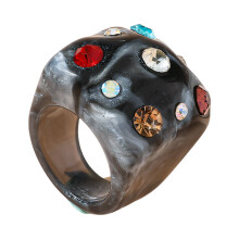 Elegant Geometric Resin Ring With Sparkling Rhinestones-Black