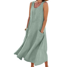 Classical Round Neck Summer Dress Soft Cotton Fabric-Green 3XL