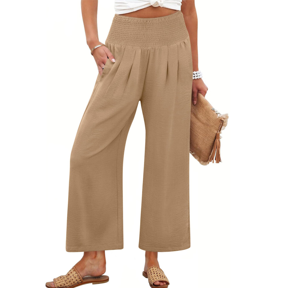 Women's cotton and linen casual straight wide-leg loose-Khaki L
