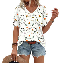 Women's Short Sleeve Button-Down V-Neck Shirts rSets-Beige XXL