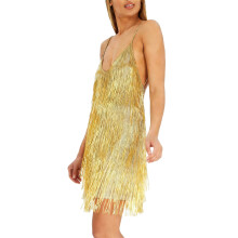 Women Spaghetti Strap Backless Glitter Sequins Fringe-Gold S