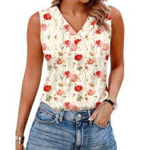 Women's Sleeveless Tops, Loose Fit, V-Neck, Summer,-Red XL