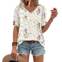 Women's Short Sleeve Button-Down V-Neck Shirts rSets -Beige S
