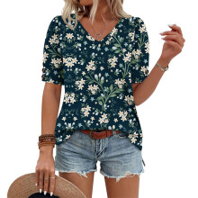 Women's Short Sleeve Button-Down V-Neck Shirts rSets -Green M