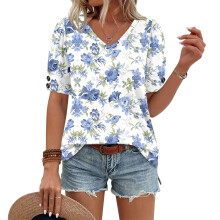 Women's Short Sleeve Button-Down V-Neck Shirts-royal blue XL