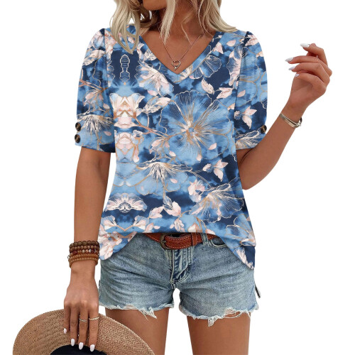 Women's  Short Sleeve Button-Down V-Neck Shirts rSets -Blue L