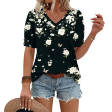 Women's Short Sleeve Button-Down V-Neck Shirts-Dark Grey M