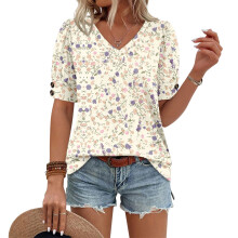 Women's Short Sleeve Button-Down V-Neck Shirts rSets -Khaki L