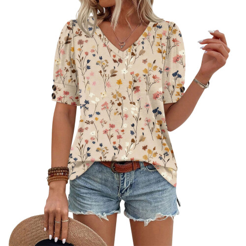 Women's  Short Sleeve Button-Down V-Neck Shirts-light khaki M