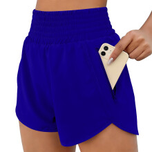 Women's High Waist Sports Shorts with Double Layer and-Blue S
