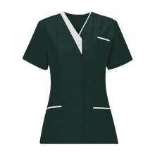 Short Sleeve Scrub Top Women Medicals Nursing-Dark green M