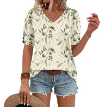 Women's Short Sleeve Button-Down V-Neck Shirts rSets -Green L