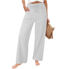 Womens Casual Linen High Waist Pants Loose Fit Pant -White M