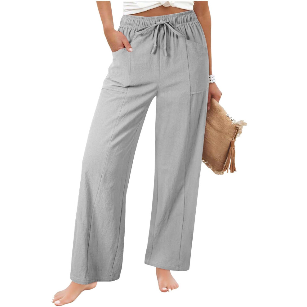 Womens Casual Linen High Waist Pants Loose Fit  -Light Gray XXL