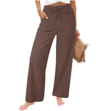 Womens Casual Linen High Waist Pants Loose Fit -Dark Brown XL