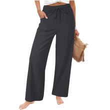 Womens Casual Linen High Waist Pants Loose Fit -Dark Grey S