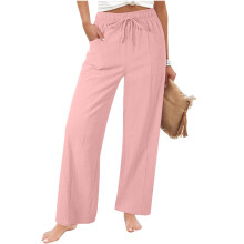 Dames casual linnen hoge taille broek losse pasvorm broek-Roze L