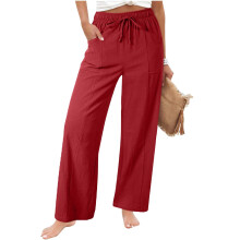 Womens Casual Linen High Waist Pants Loose Fit Pant -Red M