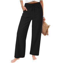 Dames casual linnen hoge taille broek losse pasvorm-Zwart XL