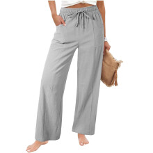 Dames casual linnen hoge taille broek losse pasvorm-Lichtgrijs L