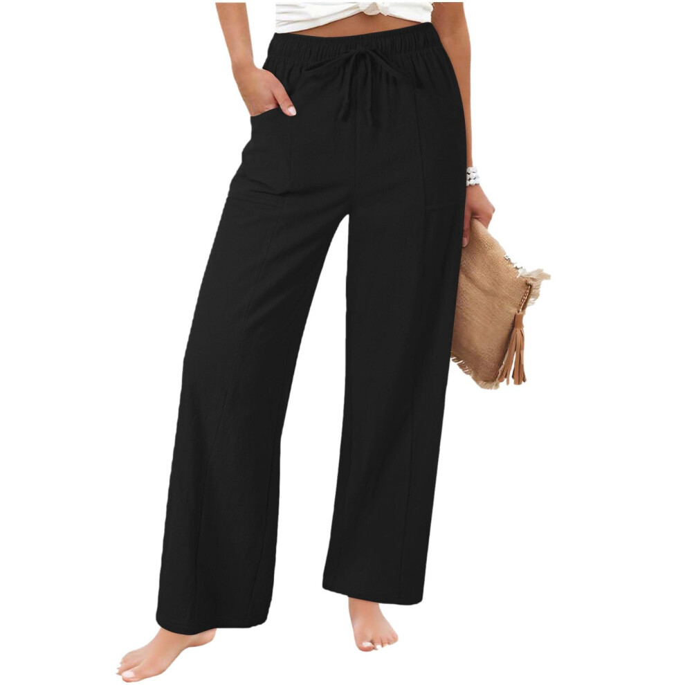 Womens Casual Linen High Waist Pants Loose Fit   Pant-Black XXL