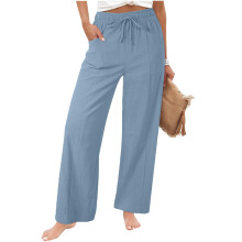 Womens Casual Linen High Waist Pants Loose Fit -Sky Blue L