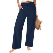 Dames casual linnen hoge taille broek losse-Donkerblauw L
