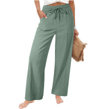 Dames casual linnen hoge taille broek losse pasvorm-Lichtgroen M