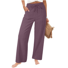 Womens Casual Linen High Waist Pants Loose Fit Pant -Purple M