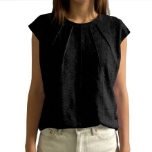 Womens Eyelet Top Short Sleeve Front Pleated Crewneck-Black S