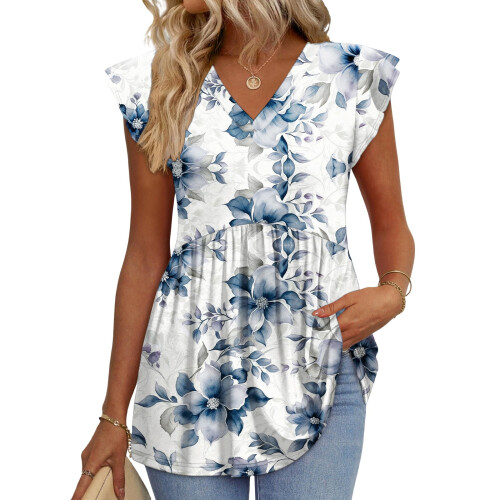 Women's  Blouses, with Ruffle Sleeves, Spring Elegant-Blue XL