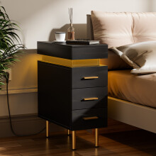 Bedside Table with 3 Drawers Bedside Cabinet with Charging Station Slim Cabinet for Bedroom