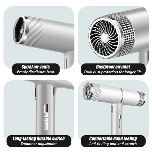 (Silver) Professional Hair Dryer Fast Drying Ionic Hairdryer with Diffuser Home 1