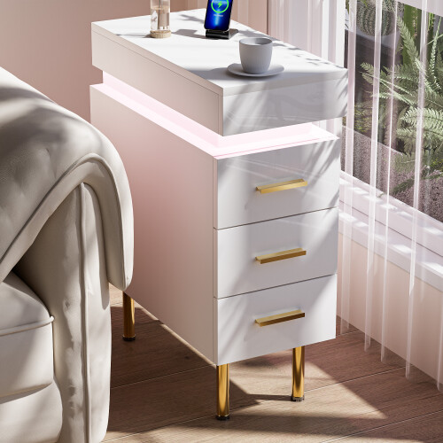 Bedside Table with 3 Drawers Bedside Cabinet with Charging Station Push & Pull Top Bed Side Table for Bedroom 2